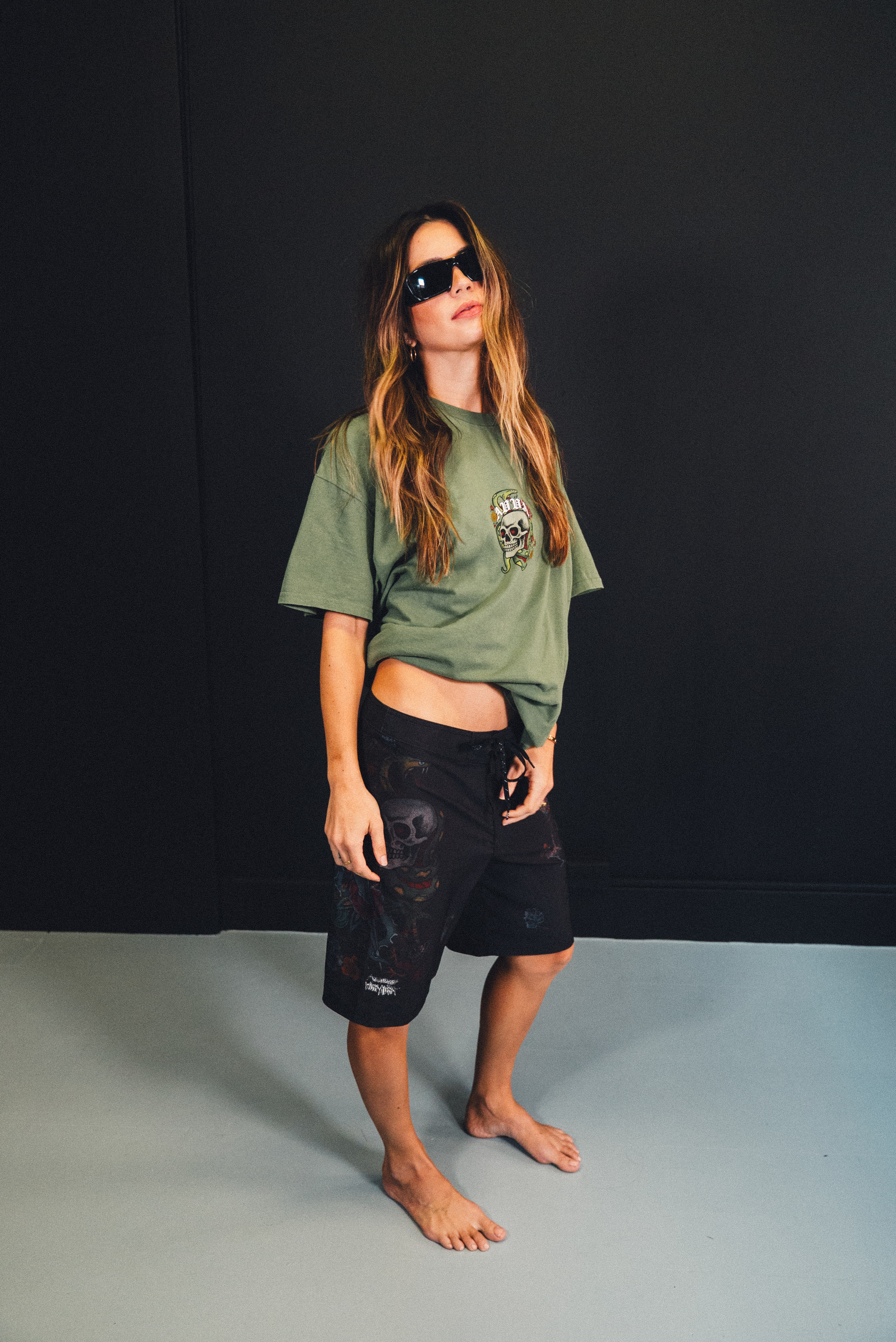 AVVA Fall 2026 — olive graphic tee and printed boardshorts